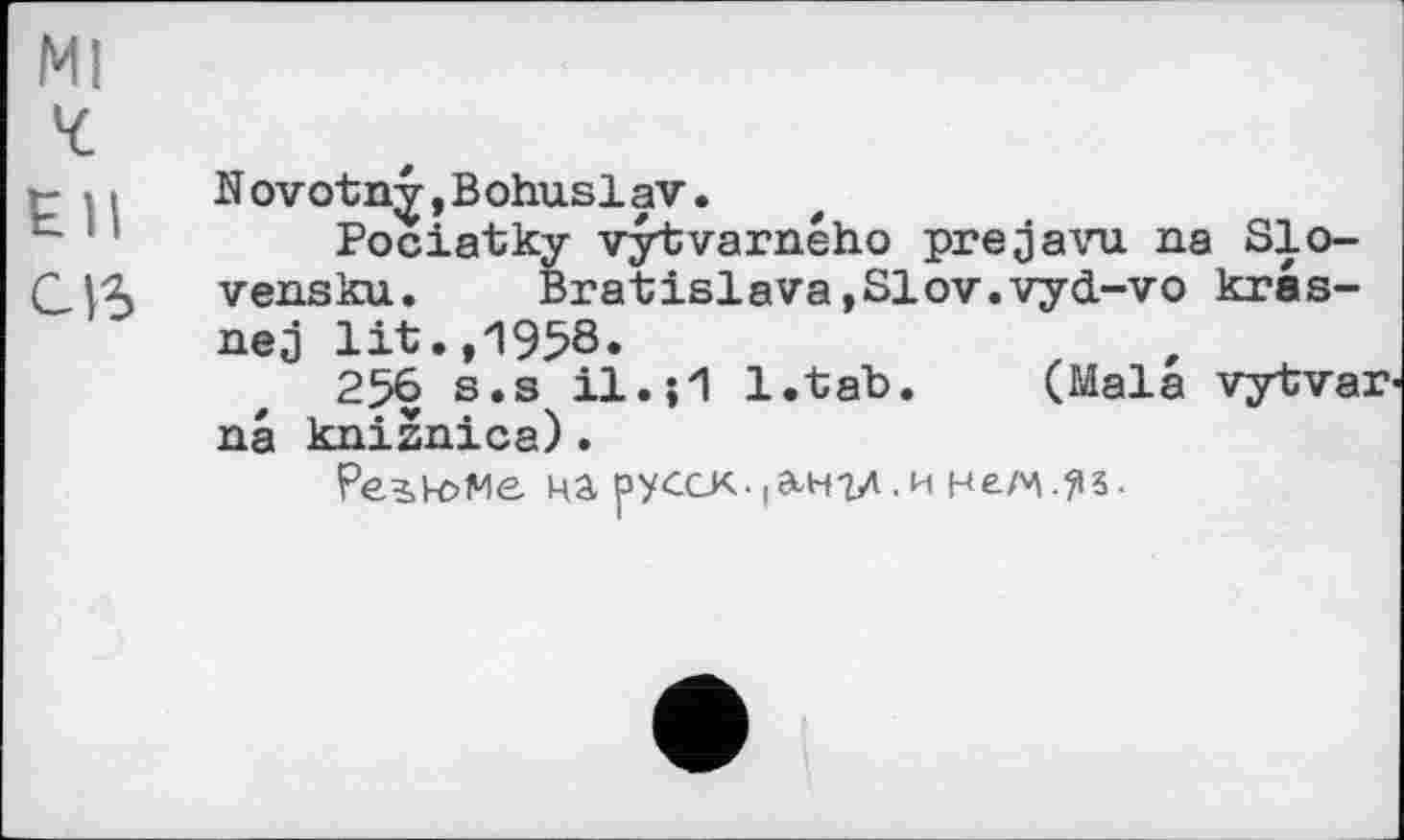 ﻿Ml
св
Novotny,Bohuslav.
Pociatky vytvarného prejavu na Slo-vensku. Bratislava,Slov.vyd-vo kras-nej lit.,1958.
256 s.s il.;1 l.tab. (Mala vytvar na knižnica).
Pe^boMe. на pyccK.jSbHiA-H нел^-їіз-